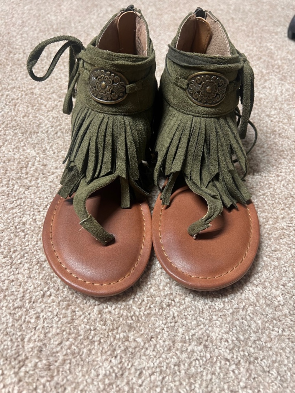 Not Rated Olive Green Fringe Gladiator Sandals with Brown Footbed